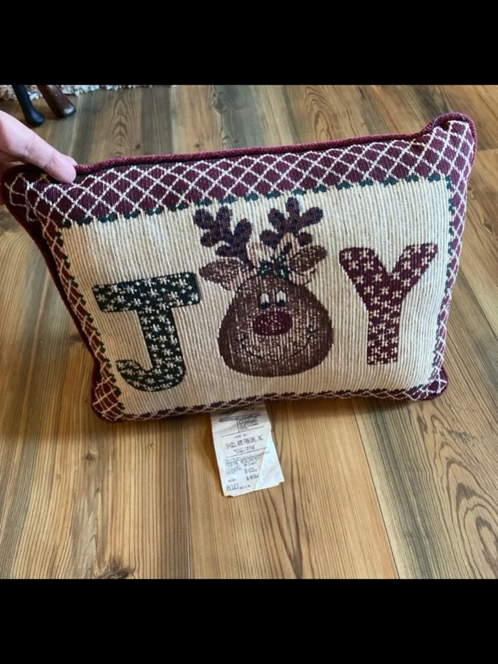 Vintage Christmas tapestry accent pillow featuring a reindeer & the word 